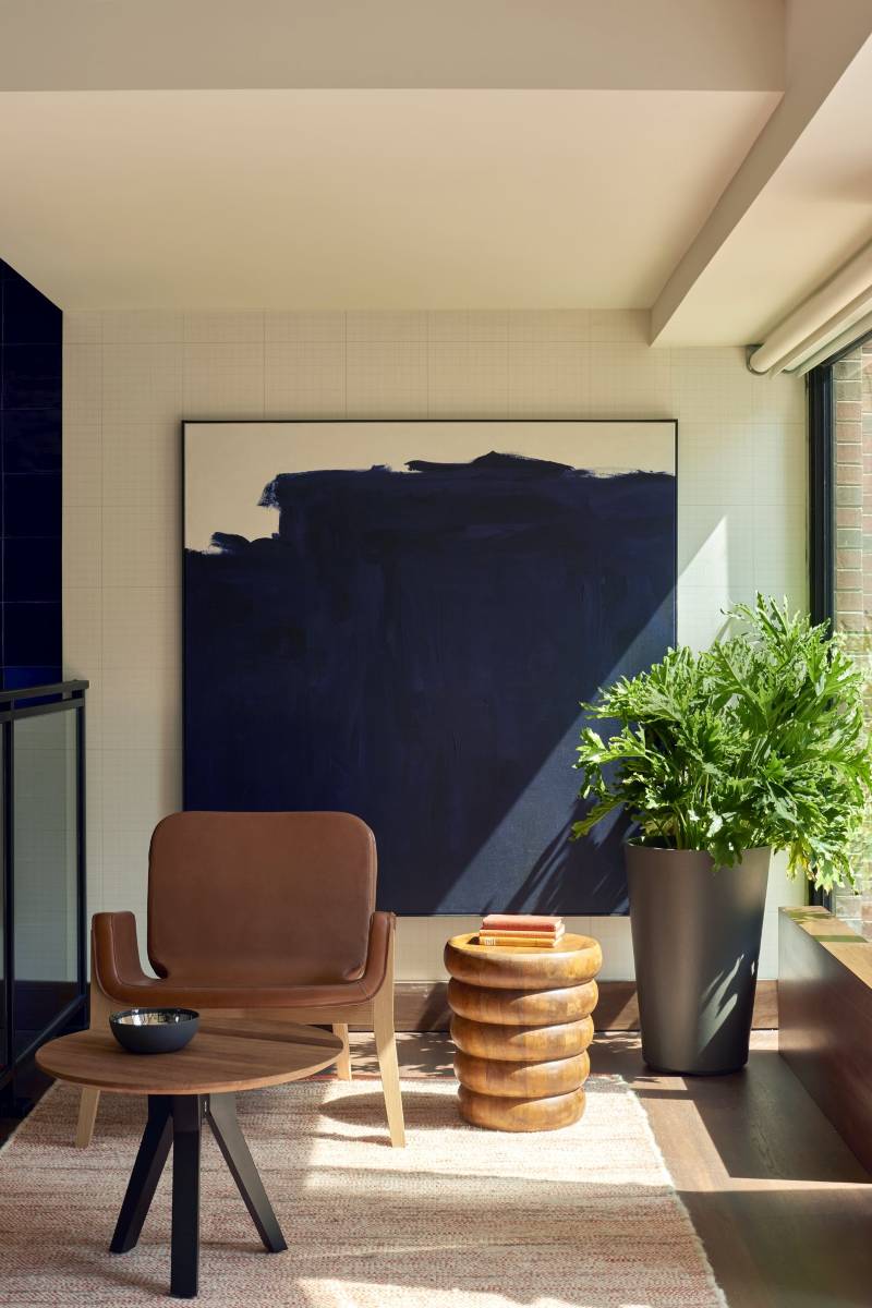 living room with oversized modern artwork