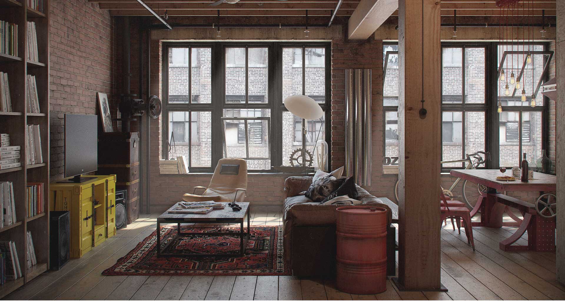 Industrial Chic Interior Design with Vintage Moroccan Rugs Leather