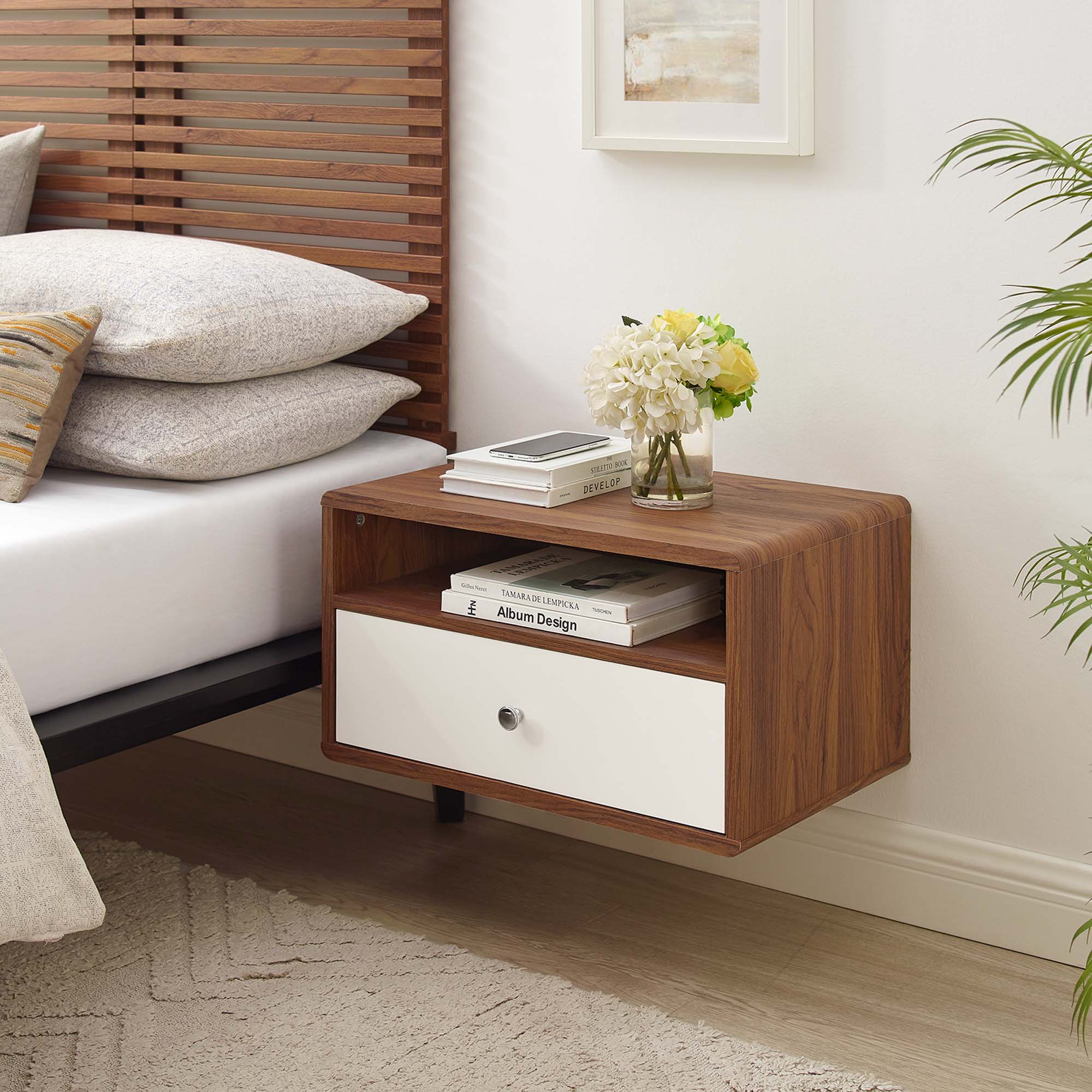 A hanging floating wall shelf used as a nightstand