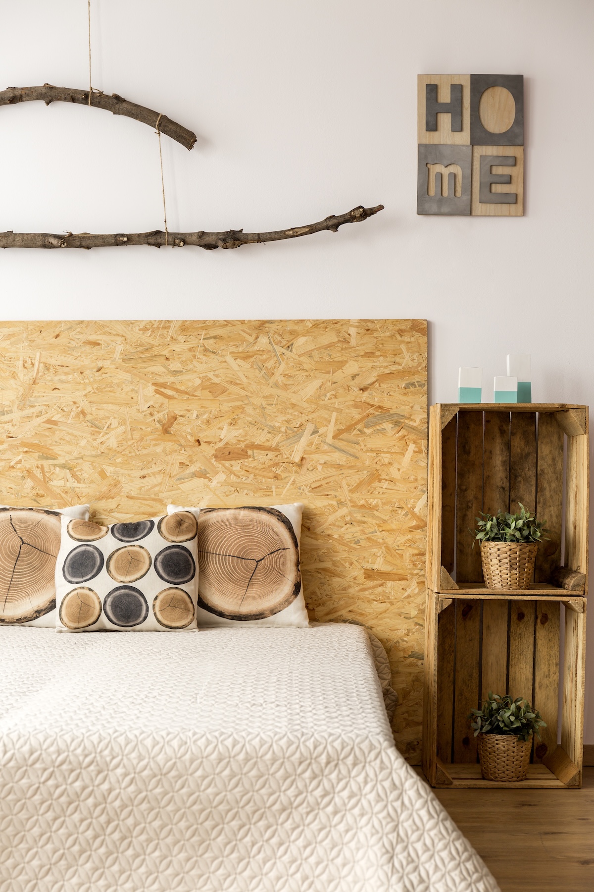 Restored crates used as a nightstand